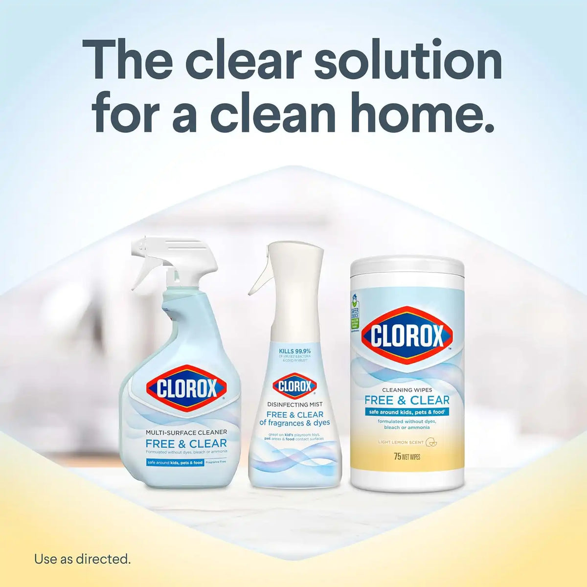 Clorox Free & Clear Cleaning Wipes, Light Lemon Scent, 75 Count, 3 Pack