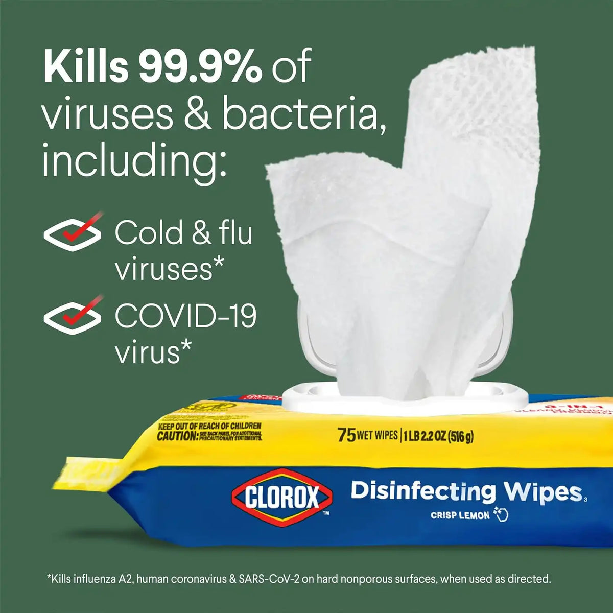Clorox Disinfecting Cleaning Wipes Flex Pack, Bleach Free, Crisp Lemon, 75 Count (Pack May vary)