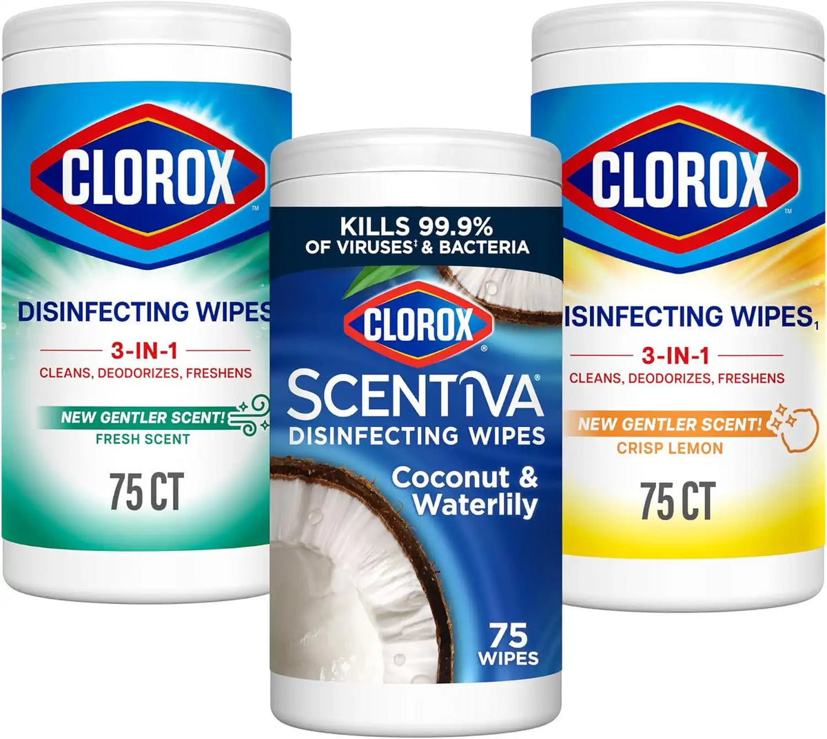 Clorox Disinfecting Cleaning Wipes, Bleach Free, Crisp Lemon, Fresh Scent, Scentiva Coconut and Waterlily, 75 Count Each (Package May Vary)
