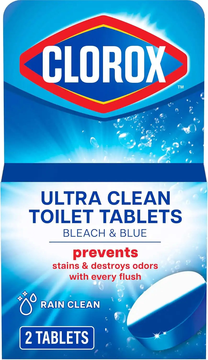 Clorox Ultra Clean Toilet Tablets Bleach & Blue, Rain Clean Scent 2.47 Ounces Each, 2 Count (Package May Vary)