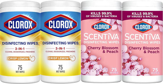Clorox Disinfecting Wipes Variety Bundle, 2 Crisp Lemon & 2 Cherry Blossom, 300 Total Wipes