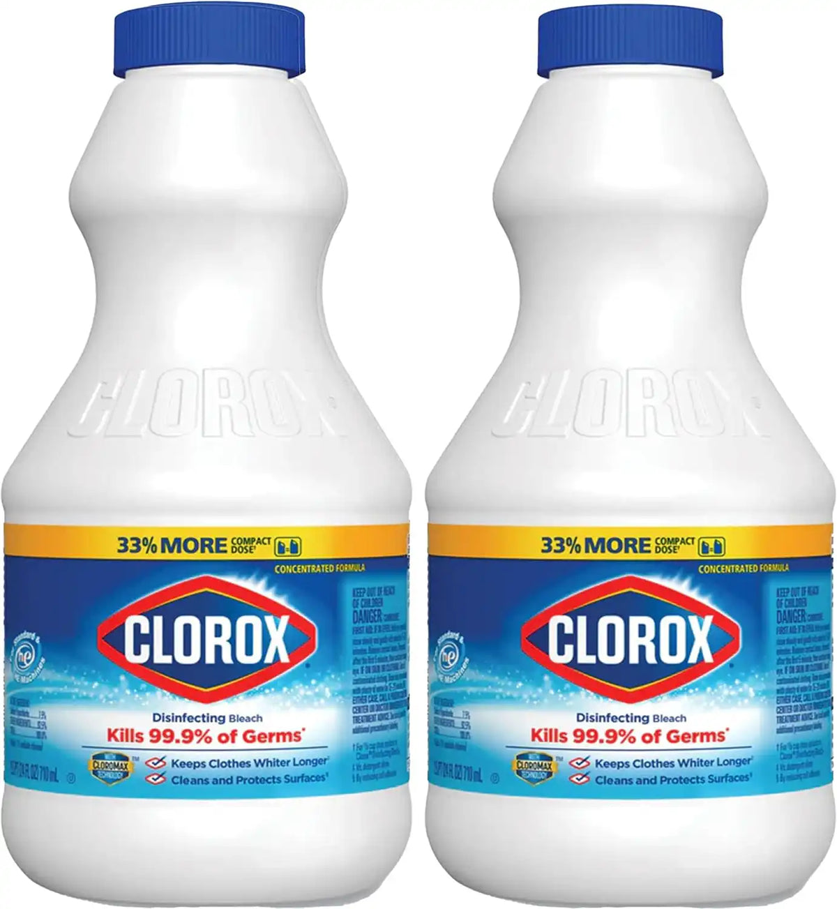 Clorox Regular Disinfecting Bleach Cleaner, 2 Pack Concentrated Liquid Bleach, Removes Mold, Mildew and Stains, Whitens, for Multi Purpose Cleaning and Laundry, 24 oz Bottles