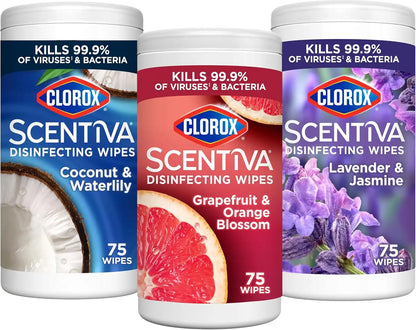 Clorox Scentiva Disinfecting Wipes, Lavender and Jasmine, Grapefruit and Orange Blossom, and Coconut and Waterlily, 75 Count Each, Pack of 3 (Package May Vary)