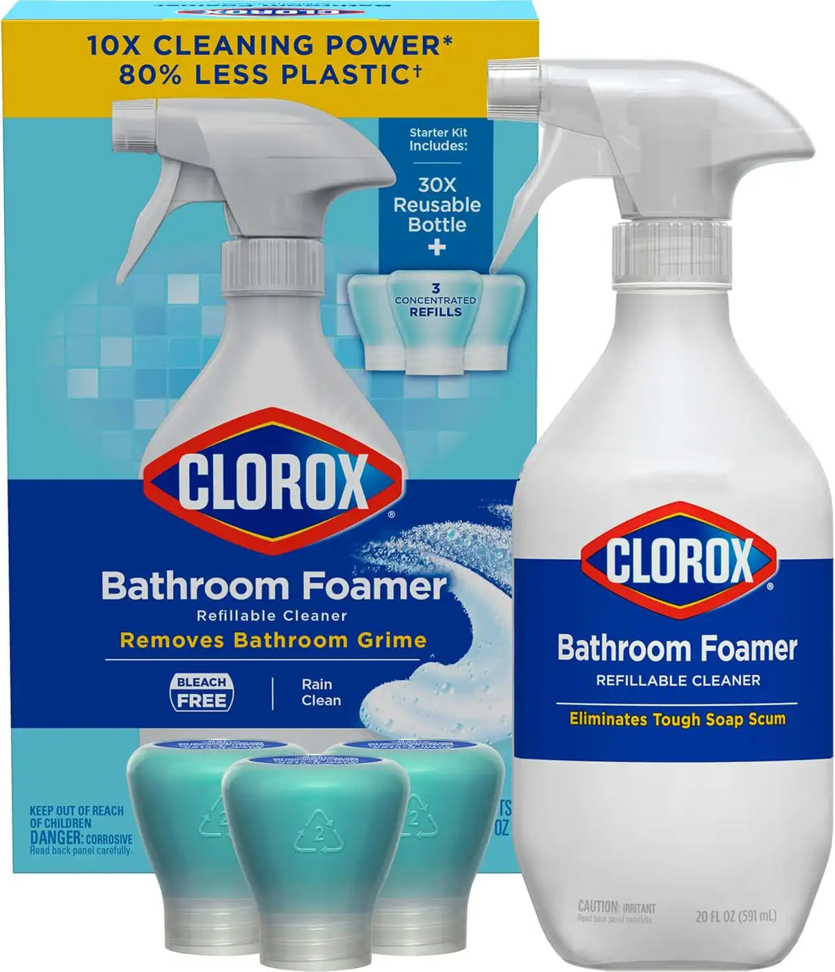 Clorox Bathroom Foamer Refillable Cleaner, Household Essentials, 1 Bottle and 3 Refill, Rain Clean, 1.13 Fl Oz